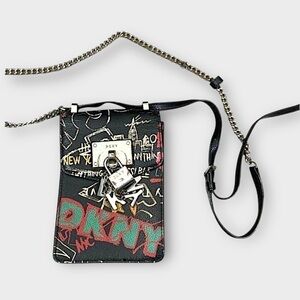 DKNY Elissa‎ Graffiti Leather Crossbody Bag Black Silver Chain NYC Theme Lock